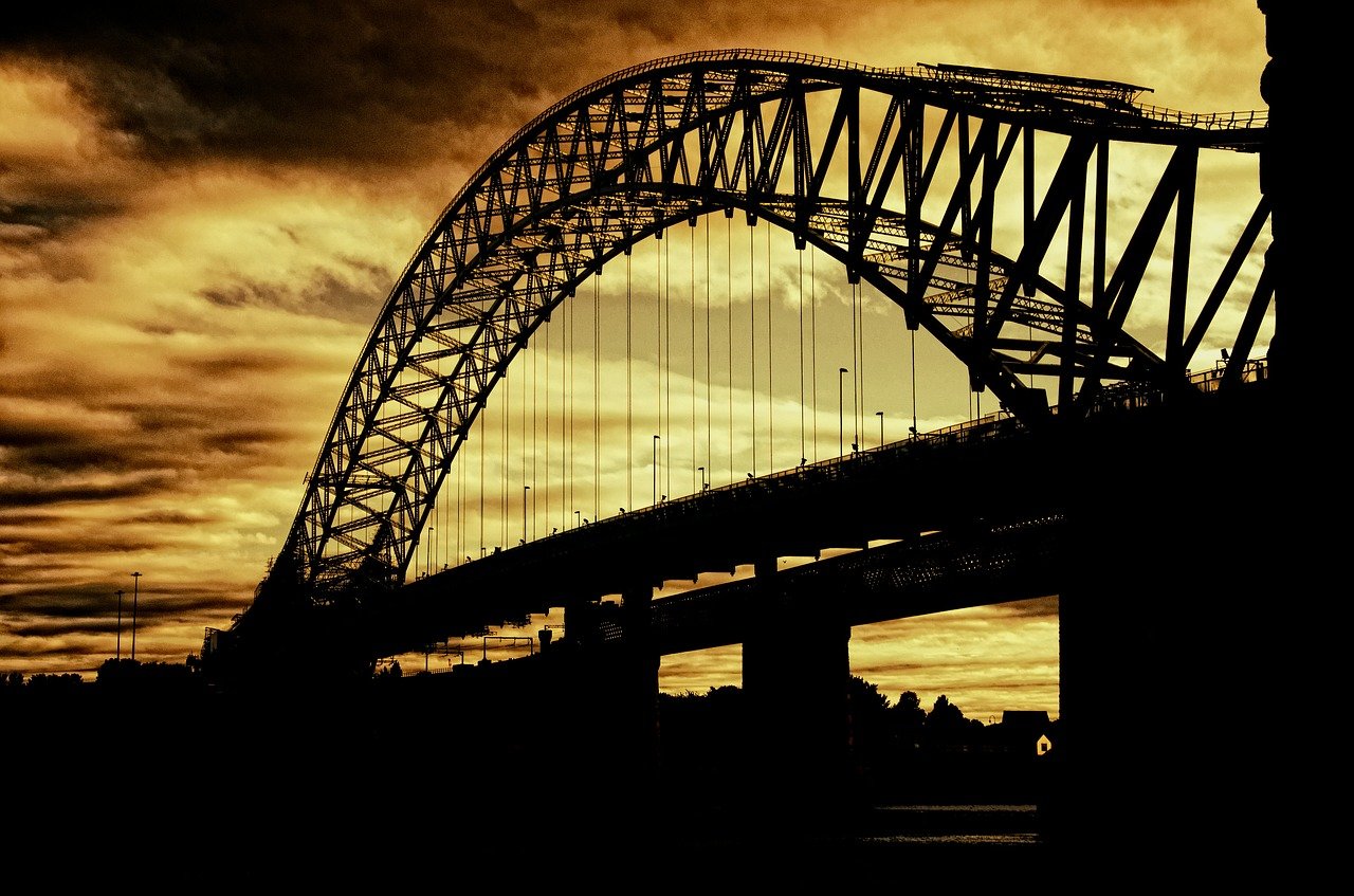 silhouette of bridge and sunset