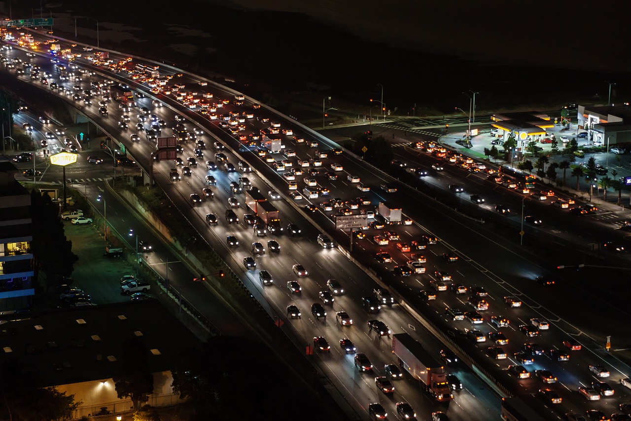 traffic jam on highway at night